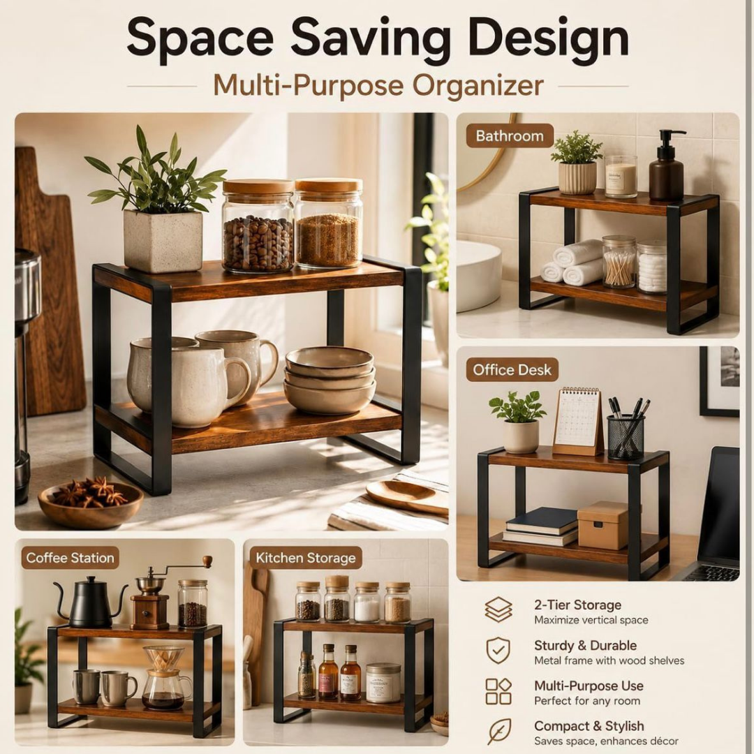2-Tier Wooden Kitchen Countertop Storage Rack with Metal Frame | Multipurpose Spice & Organizer Shelf | Rustic Brown | 30 x 15 x 27 cm - Image 6
