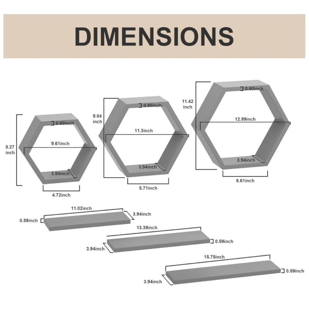 Modern Hexagon Wooden Wall Shelf Set | Decorative Floating Wall Shelves for Living Room, Bedroom & Office - Image 3