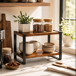 2-Tier Wooden Kitchen Countertop Storage Rack with Metal Frame | Multipurpose Spice & Organizer Shelf | Rustic Brown | 30 x 15 x 27 cm