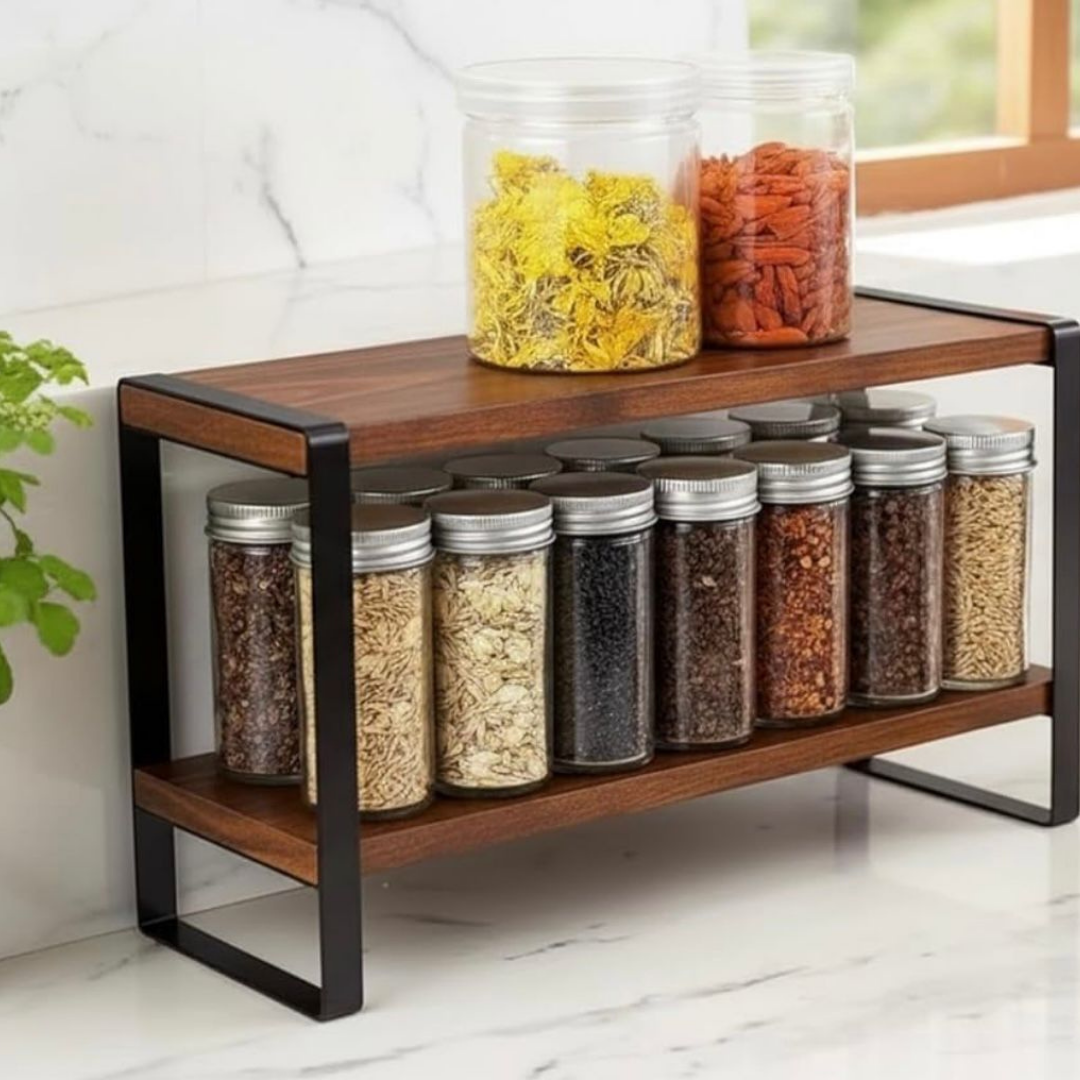2-Tier Wooden Kitchen Countertop Storage Rack with Metal Frame | Multipurpose Spice & Organizer Shelf | Rustic Brown | 30 x 15 x 27 cm - Image 4