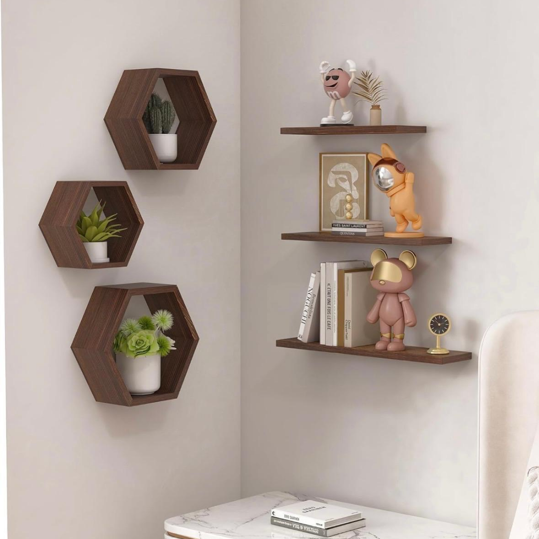 Modern Hexagon Wooden Wall Shelf Set | Decorative Floating Wall Shelves for Living Room, Bedroom & Office - Image 8