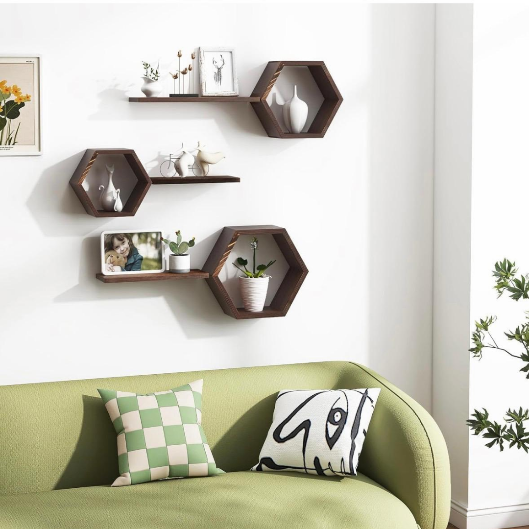 Modern Hexagon Wooden Wall Shelf Set | Decorative Floating Wall Shelves for Living Room, Bedroom & Office - Image 4