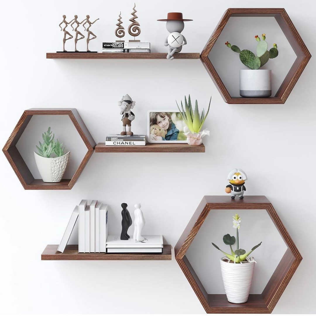 Modern Hexagon Wooden Wall Shelf Set | Decorative Floating Wall Shelves for Living Room, Bedroom & Office - Image 6