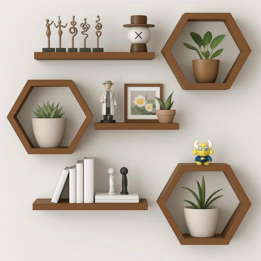 Modern Hexagon Wooden Wall Shelf Set | Decorative Floating Wall Shelves for Living Room, Bedroom & Office - Image 5