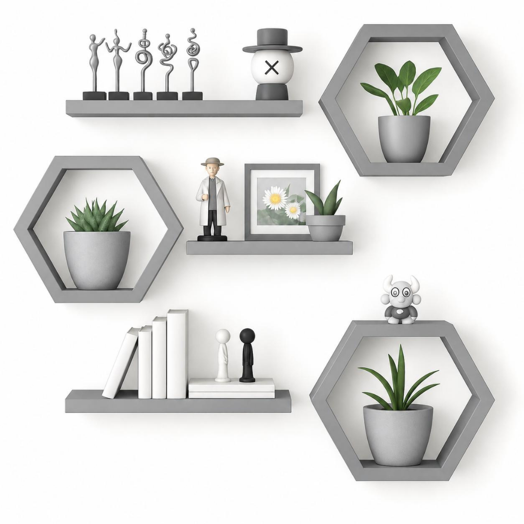 Modern Hexagon Wooden Wall Shelf Set | Decorative Floating Wall Shelves for Living Room, Bedroom & Office - Image 7