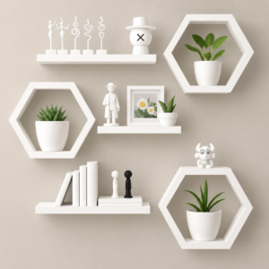 Modern Hexagon Wooden Wall Shelf Set | Decorative Floating Wall Shelves for Living Room, Bedroom & Office