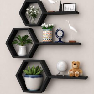 Hexagon Wall Mounted Floating Shelves Set | Decorative Wall Shelves for Home, Living Room, Bedroom & Office | Modern Storage & Display Rack