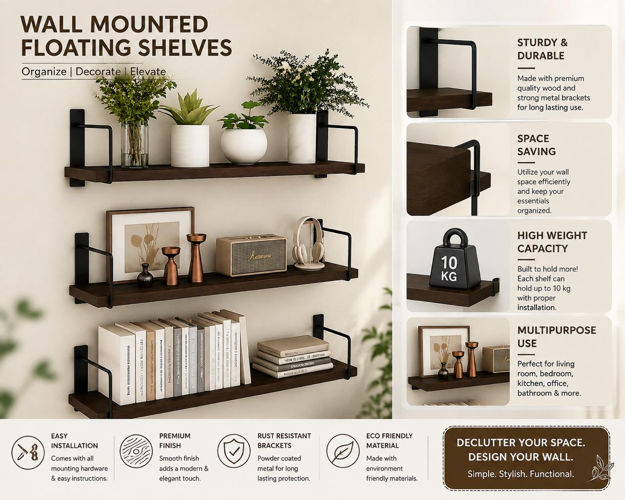 WalnutNest 3-Tier Wooden Wall Mounted Floating Shelf with Metal Brackets - Image 5