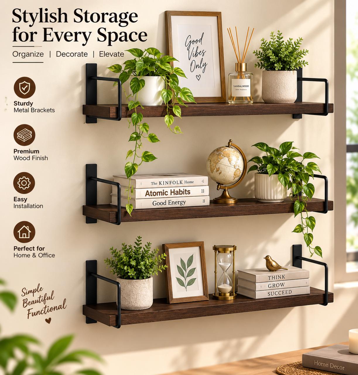 WalnutNest 3-Tier Wooden Wall Mounted Floating Shelf with Metal Brackets - Image 4