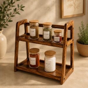 Handcrafted Wooden 2-Tier Kitchen Organizer Rack with Raised Handles