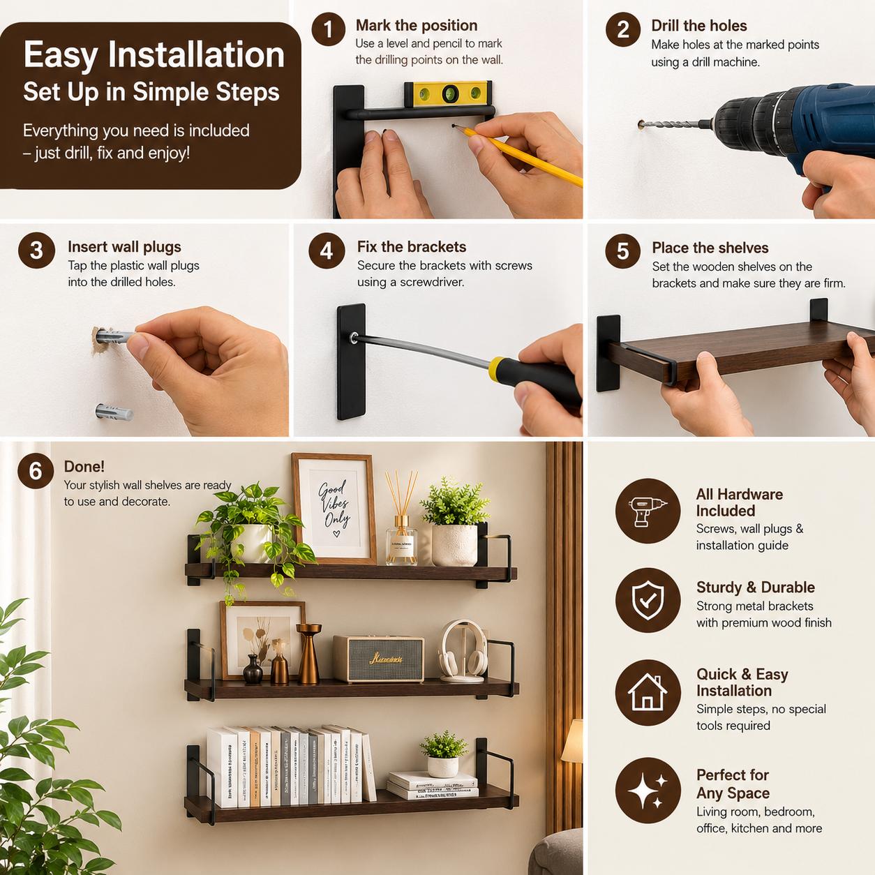 WalnutNest 3-Tier Wooden Wall Mounted Floating Shelf with Metal Brackets - Image 3