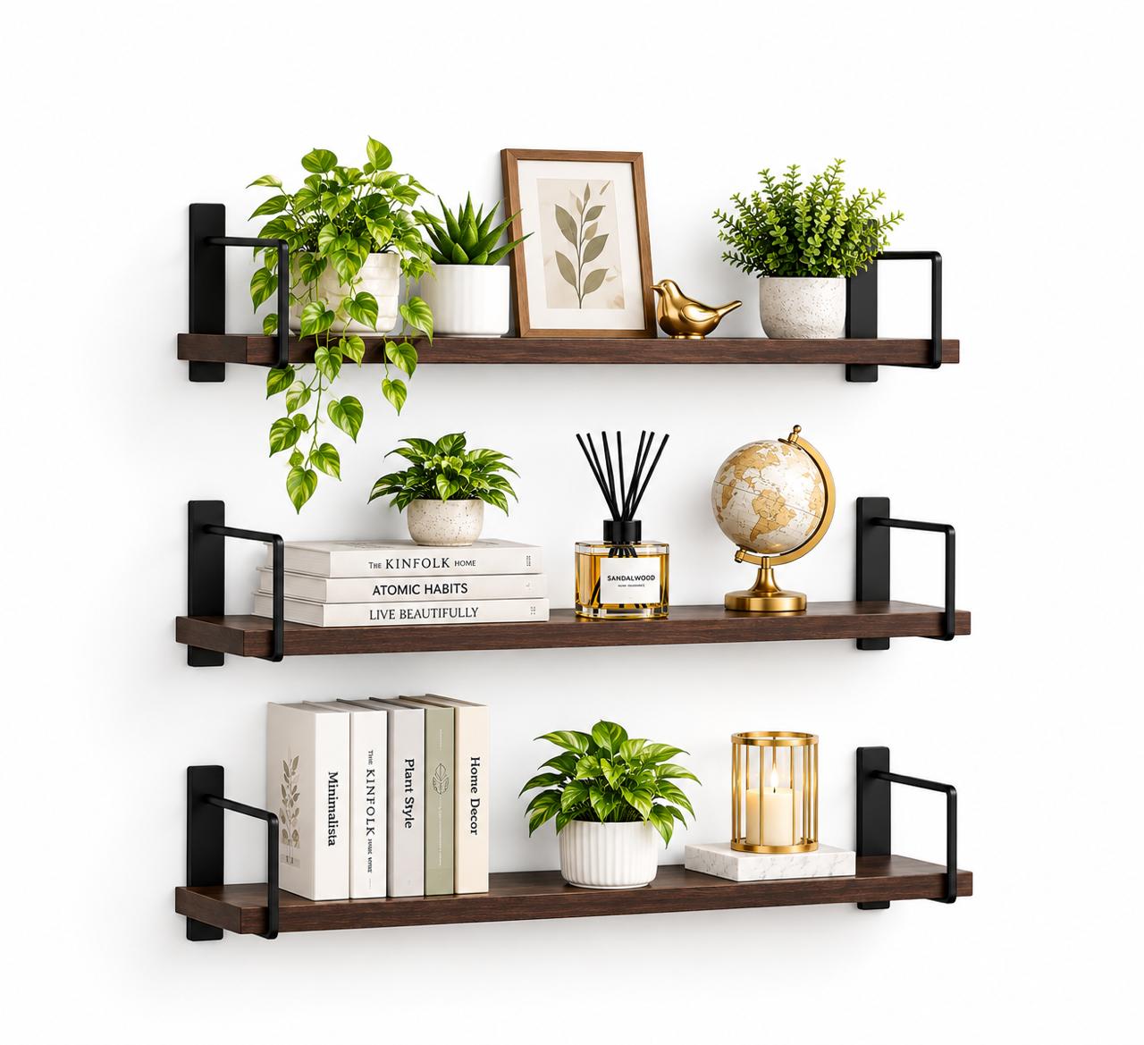 WalnutNest 3-Tier Wooden Wall Mounted Floating Shelf with Metal Brackets - Image 2