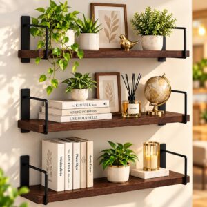 WalnutNest 3-Tier Wooden Wall Mounted Floating Shelf with Metal Brackets