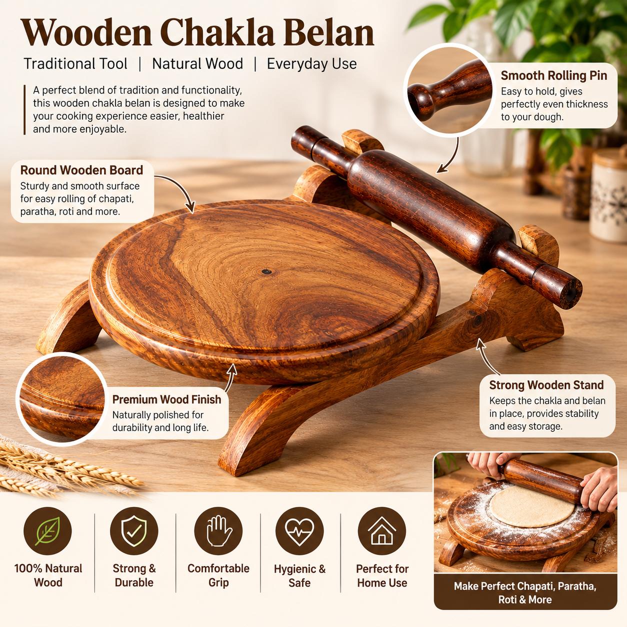 Premium Wooden Chakla Belan Set – Traditional Roti & Paratha Rolling Board with Rolling Pin - Image 3