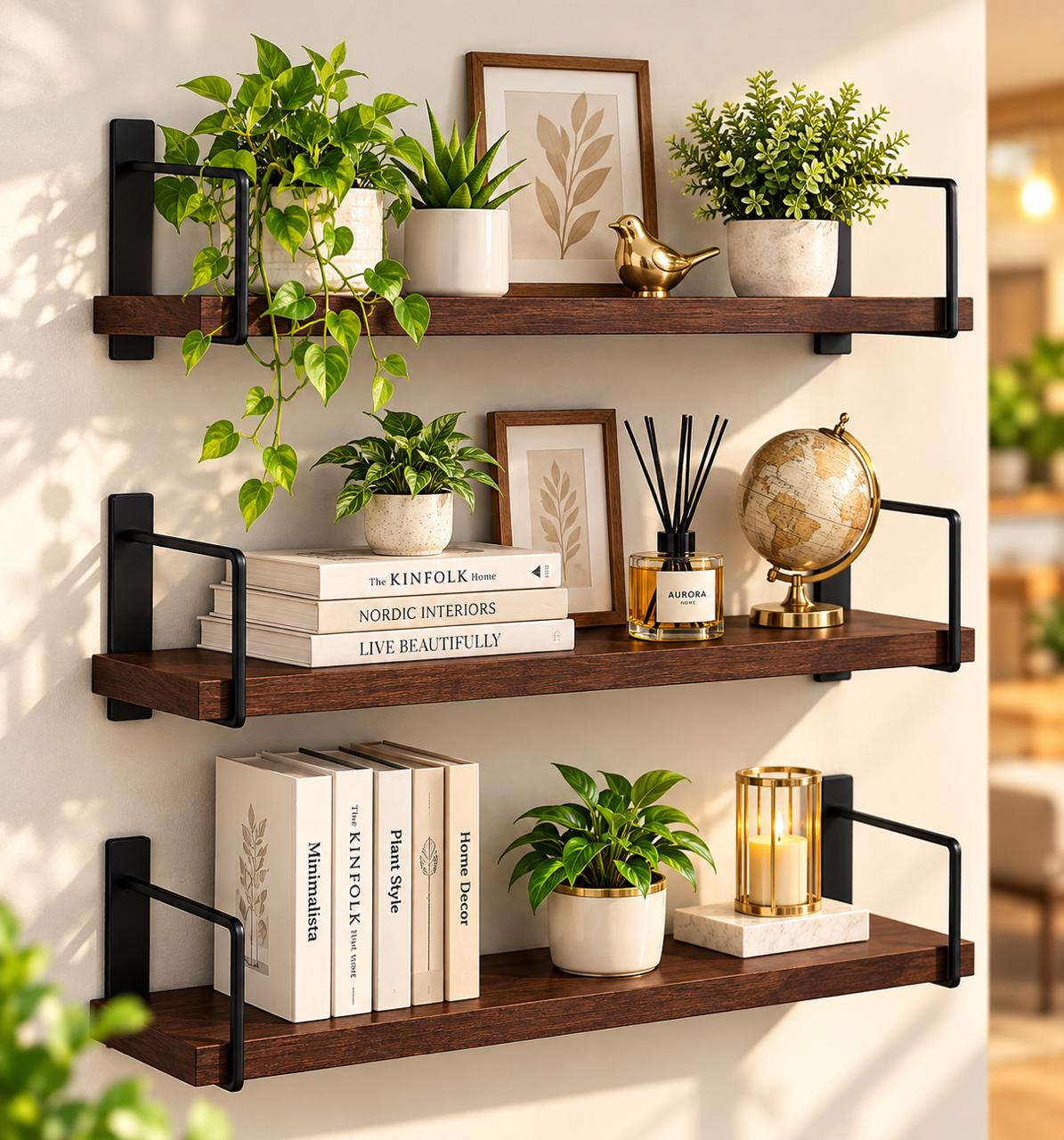 WalnutNest 3-Tier Wooden Wall Mounted Floating Shelf with Metal Brackets